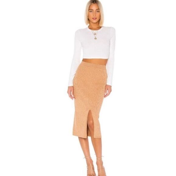 Free People x Revolve Camel Beige Rib Knit Skyline Slit Midi Skirt- Size XS